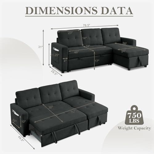 Modern Convertible 3-Seater Sleeper Sofa Bed with L-Shaped Design