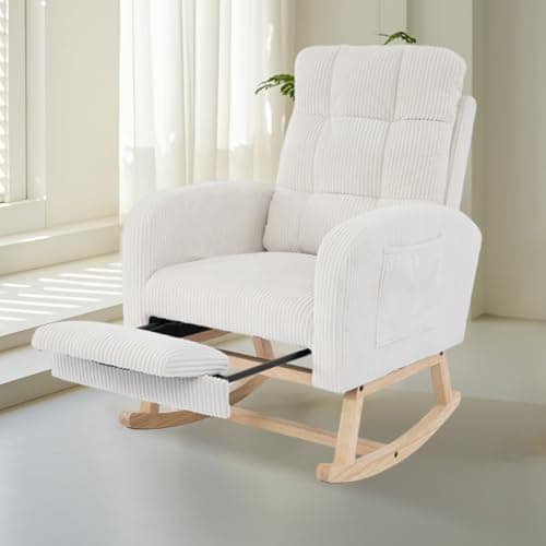 Teddy Fabric Rocking Chair with Adjustable Footrest (Beige)