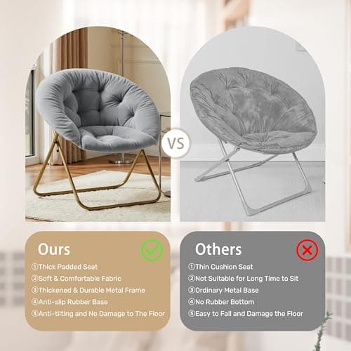 YSSOA Grey Foldable Saucer Chair, Comfortable Faux Fur for Adults & Teens