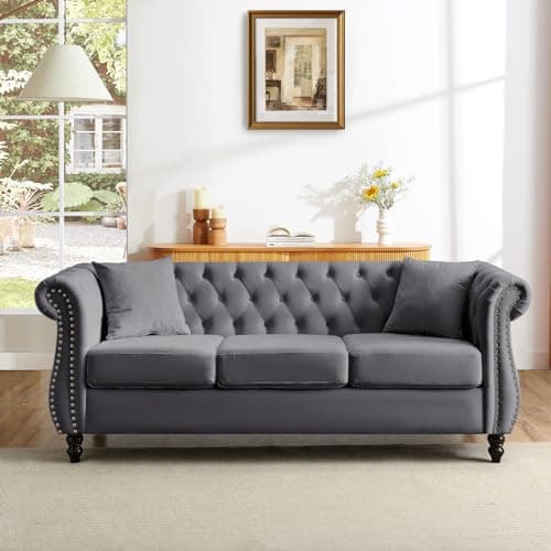 Chesterfield Sofa Set, 2 Pieces Velvet Couch with Nailhead Trim and Rolled Arms