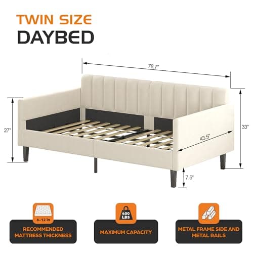 LifeSky Beige Velvet Tufted Twin Day Bed Frame