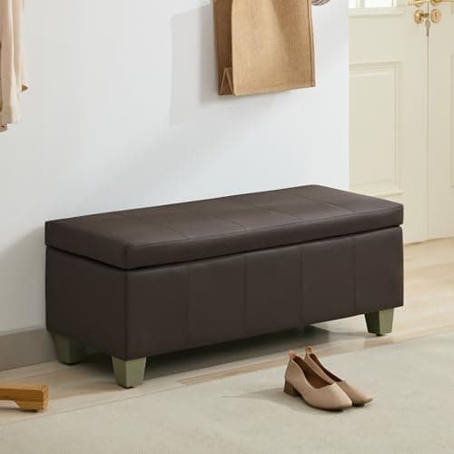 Black Brown Faux Leather Storage Ottoman with Wooden Legs