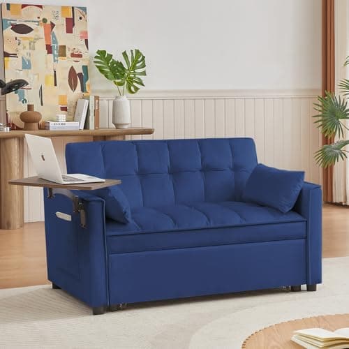 JEEOHEY 3-in-1 Reclining Sleeper Sofa Bed, Velvet & Chaise Lounge (Blue)
