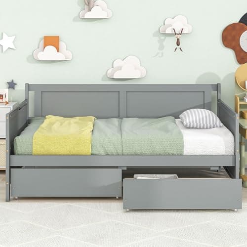 Twin Size Daybed Frame with Storage Drawers, White Wood Bed
