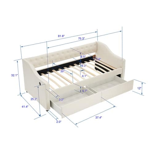 Beige Twin Size Daybed with Storage and USB Port