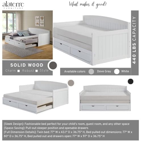 Alaterre Harmony Wood Daybed, White, Twin Size, Sturdy Durable Trundle Bed
