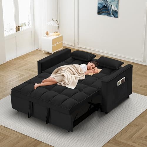 3-in-1 Velvet Convertible Sleeper Sofa Bed, Dark Black-adjustable Backrest