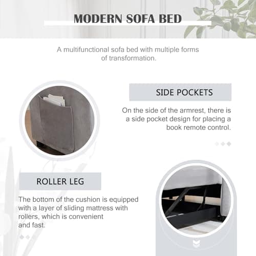 Modern 55.51 Convertible Velvet Sofa Bed with Adjustable Backrest and Storage – Grey