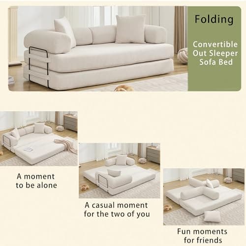 Beige Cylindrical Pillow Convertible Sleeper Sofa Bed