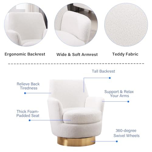 Modern White Swivel Barrel Chair with Tall Backrest and Teddy Fabric