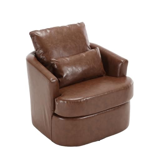 Brown PU Ergonomic Swivel Barrel Chair with Dual Pillow Support