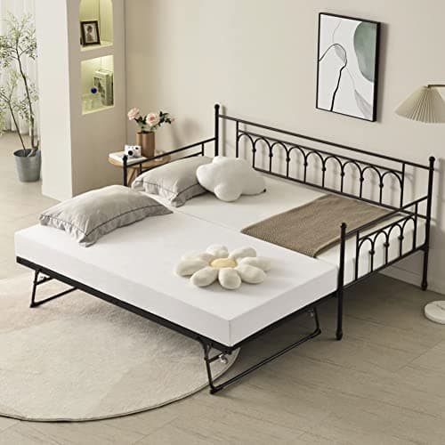 Vintage Twin Day Bed with Pop Up Trundle, Space-Saving Metal Frame for Adults