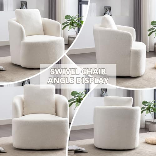 CANMOV Round Swivel Accent Chair, White, Comfy Teddy Boucle Armchair with Pillow