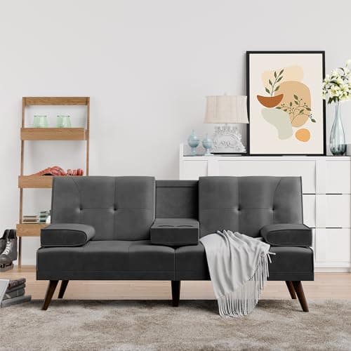 Shintenchi Dark Gray Velvet Reclining Sofa Bed with Foldable Arms