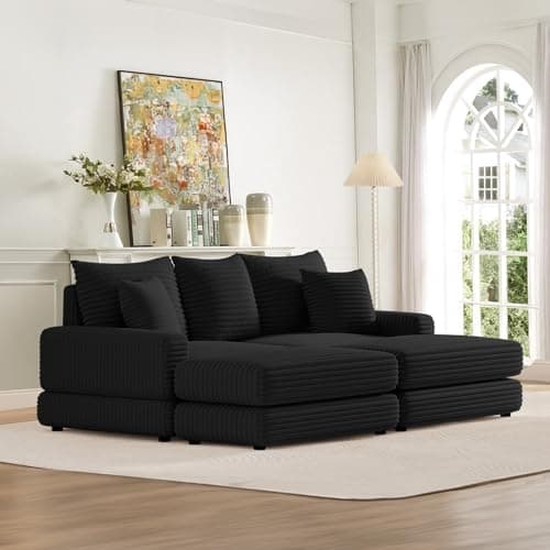 Oversized Chaise Lounge Chair Indoor with Ottoman, Corduroy Upholstered Comfy Sofa for Living Room, Bedroom, Office (Black)