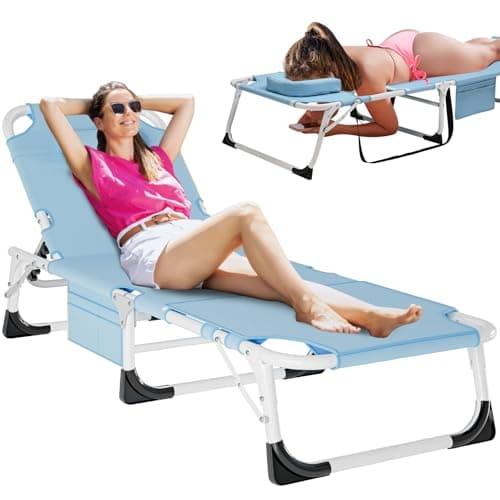 DoCred Heavy Duty Adjustable 5-Position Chaise Lounge Chair for Outdoor Sunbathing Beach Pool Lawn Camping