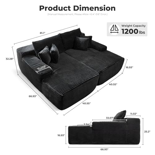 Ovio 81 Oversized Chaise Lounge with Plush Sofa Bed, No Assembly, Modern Fluffy Sleeper for Living Room or Bedroom, Black
