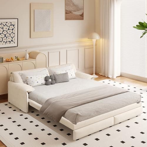 GNIXUU 66" Queen Pull-Out Sofa Bed, Beige Velvet Sleeper Couch with Side Storage