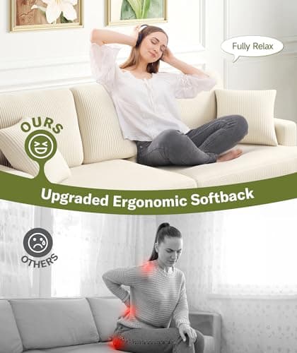 Kidirect Beige White 87in Extra Deep Living Room Sofa, Comfy Corduroy with 2 Pillows