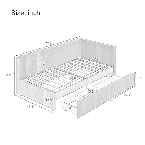 LUSPAZ Beige L-Shape Corduroy Daybed with 2 Drawers & Striped Legs, No Box Spring Required