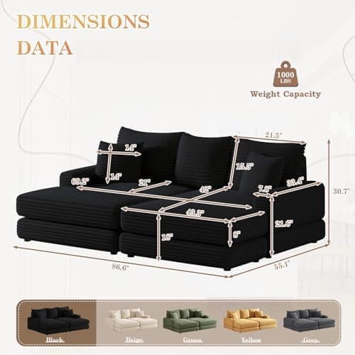 Oversized Chaise Lounge Chair Indoor with Ottoman, Corduroy Upholstered Comfy Sofa for Living Room, Bedroom, Office (Black)