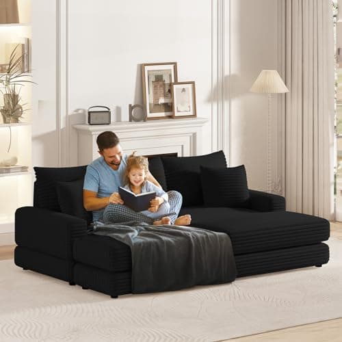Oversized Chaise Lounge Chair Indoor with Ottoman, Corduroy Upholstered Comfy Sofa for Living Room, Bedroom, Office (Black)