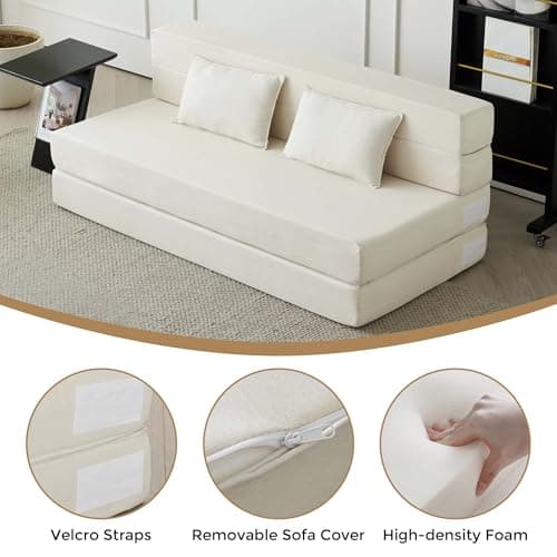Beige Linen Foldable Mattress 3-in-1 Sofa Bed, Queen, Pillow Included