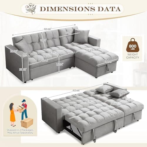 Convertible Sleeper Sofa Bed,82.6"W Velvet Tufted L Shaped Sectional Couch with Adjustable Back & Reversible Storage Chaise,Modern Futon Pull Out Couch Bed for Living Room,Apartment,Small Place(Grey)