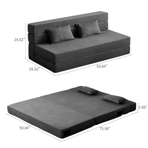 3-in-1 Foldable Sofa Bed, Dark Gray Queen Mattress, Memory Foam Cushion, Living Room Essential