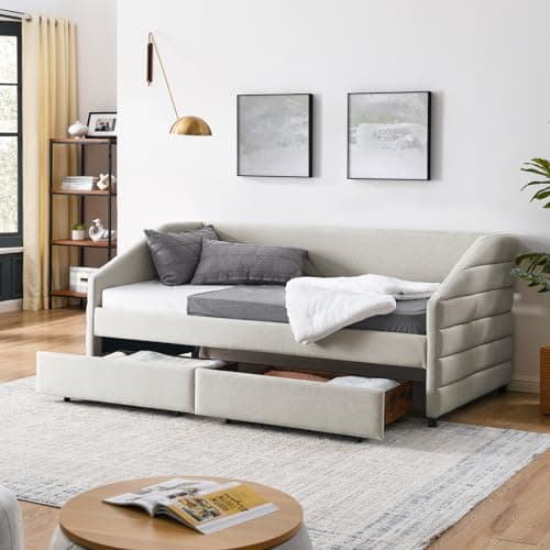 JEEOHEY Queen Size Daybed with Storage, Modern Linen Upholstered Sofa Bed for Living Room and Guest Room, Beige