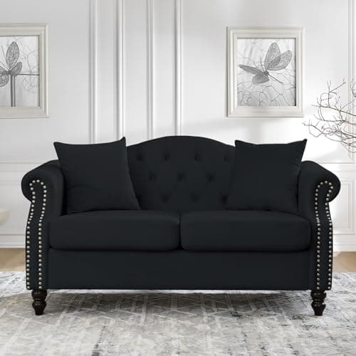 57 Button Tufted Velvet Loveseat Sofa in Black for Living Room, Bedroom, Office, Apartment