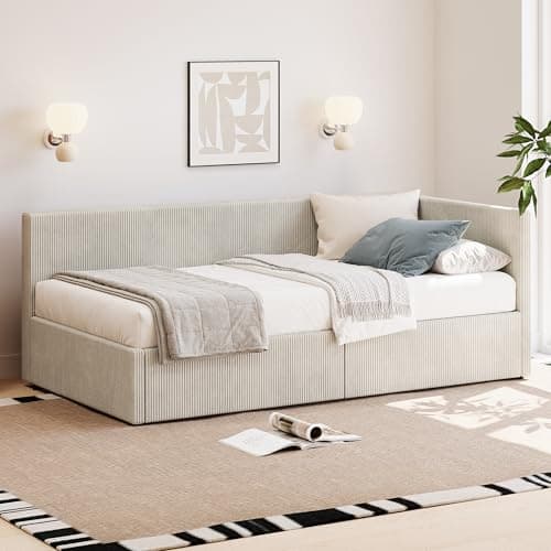 LUSPAZ Beige L-Shape Corduroy Daybed with 2 Drawers & Striped Legs, No Box Spring Required