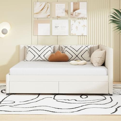 Merax Daybed with Storage Drawers, Sofa Bed Frame in Beige Linen Fabric