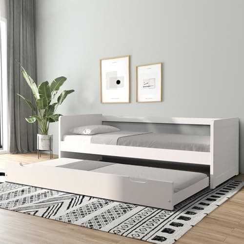 Modern Wood Daybed with Armrest & Trundle, White