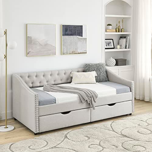 Beige Wood Full Size Daybed with Storage, Upholstered Nailhead Design, No Box Spring Needed