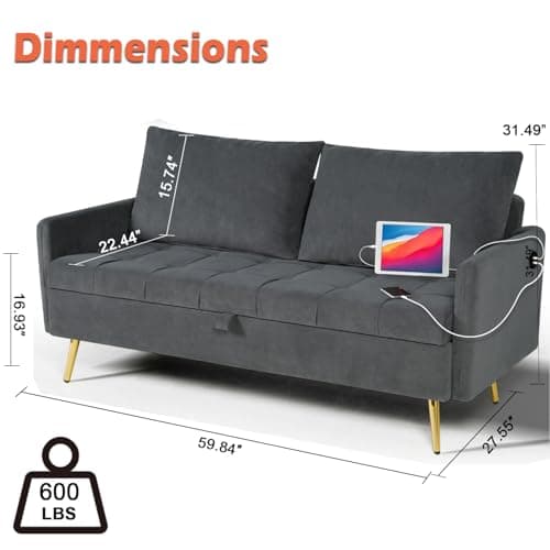 60 Velvet Loveseat Sofa with Storage and USB Charging Ports for Bedroom, Living Room, Office, Dorm - Dark Grey