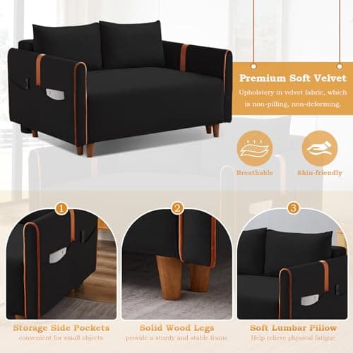 Convertible Sleeper Sofa Bed with Pull Out Bed, Comfy Velvet Loveseat Couch Bed with Storage, Pillows for Living Room, Apartment, Black