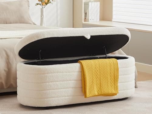 White Sherpa Padded Ottoman Bench with Storage for Living Room and Bedroom