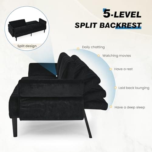Oversized Velvet Futon Sofa Bed, 78 Convertible 3 Seat Sleeper - Black