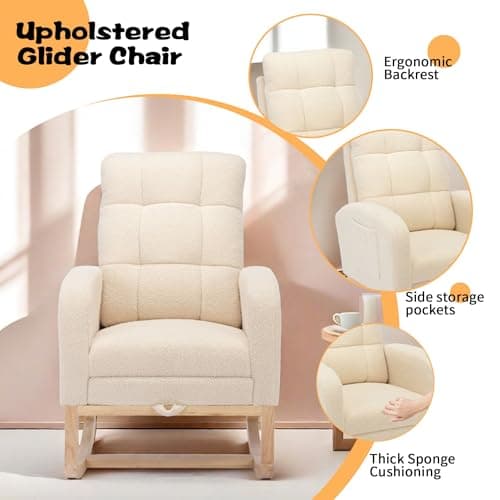 Teddy Fabric Rocking Chair with Adjustable Footrest (Beige)