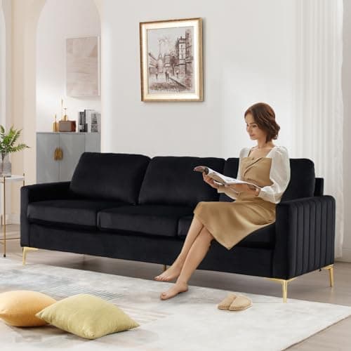 JEEOHEY Velvet Sofa Couch,85 Comfy 3 Seater Sofa with Metal Legs - Black