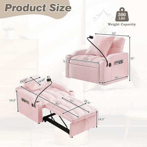Convertible Velvet Sleeper Chair Bed with USB Ports & Phone Holder - 3-in-1 Recliner for Living Room & Small Spaces (Pink)