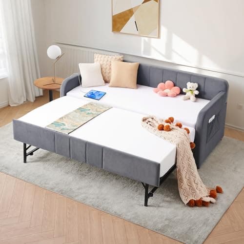 Beige Velvet Tufted Twin to King Size Daybed with Pop Up Trundle & USB Port