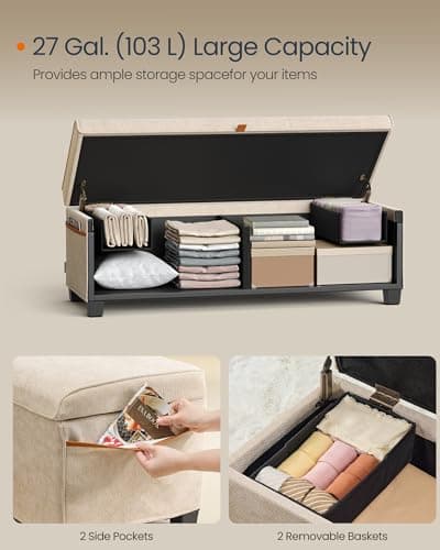 SONGMICS Home Storage Bench, 15.7 x 43.3 x 15.7 Inches, 27 Gal. (103 L), Cappuccino Beige ULSF533L01