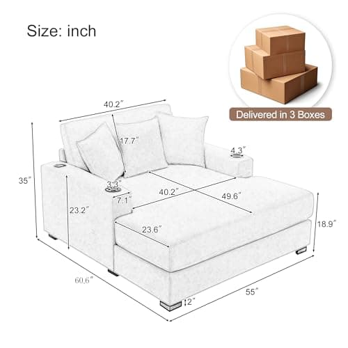 Blue-gray 55" Oversized Chaise Lounger with Chenille Fabric, Pillows, Charge Station & Cup Holders
