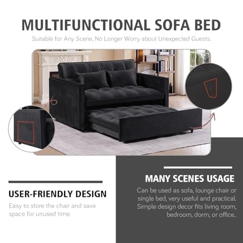 Black 3-in-1 Velvet Couch Bed with Recliner and Pillows, Full Size Sleeper Sofa