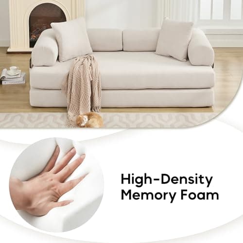 Beige Cylindrical Pillow Convertible Sleeper Sofa Bed