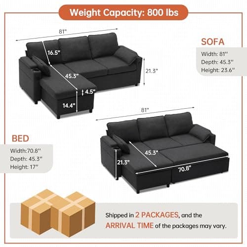DURASPACE L-Shaped Sleeper Sofa with Storage, USB, and Cup Holder (Dark Gray)