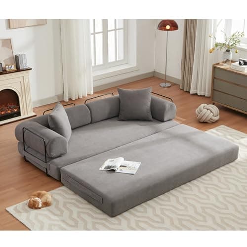 Beige Cylindrical Pillow Convertible Sleeper Sofa Bed