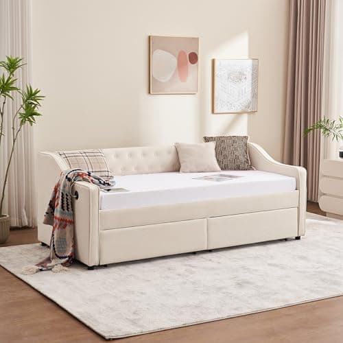 Beige Twin Size Daybed with Storage and USB Port